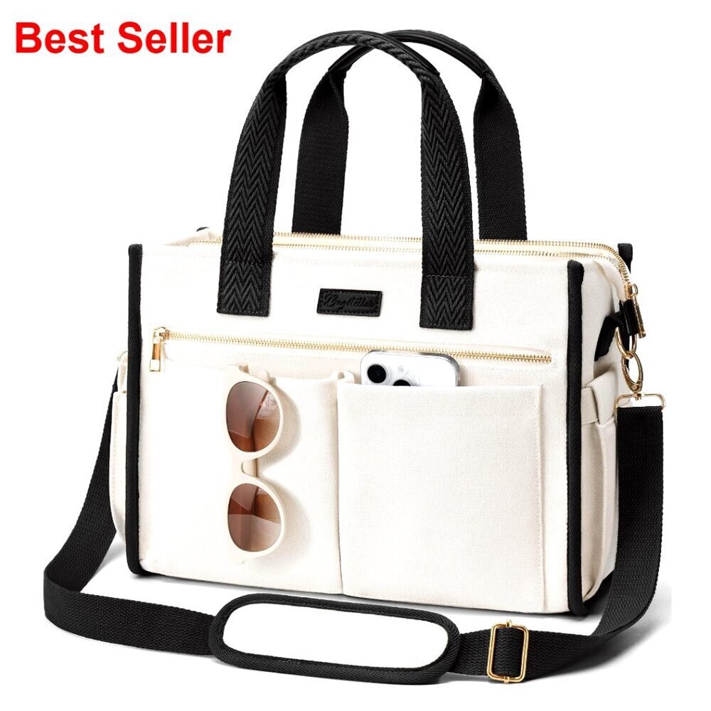 Large Canvas Tote Bag with 15 Pockets for Laptop Work Travel